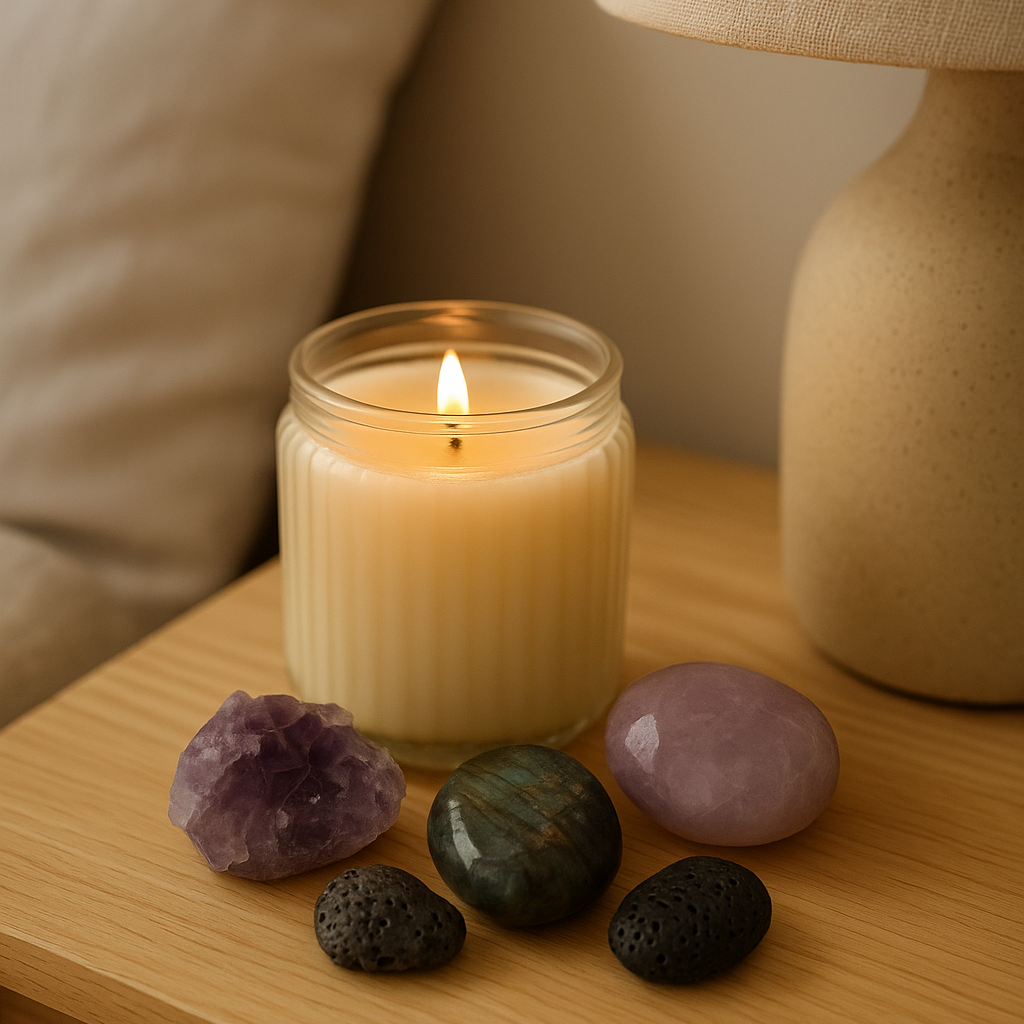 Pierres naturelles disposées sur une table de chevet – sommeil apaisé – Kryst’al