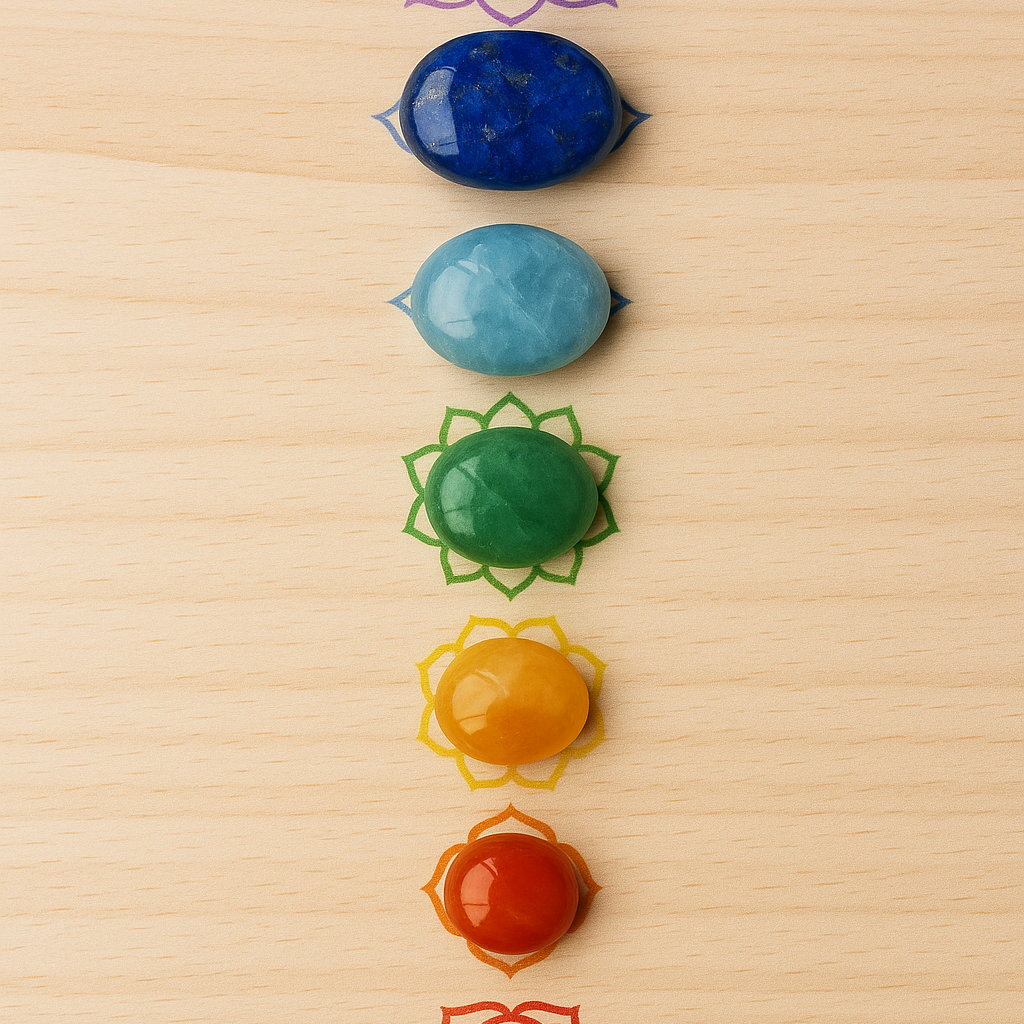 Pierres naturelles alignées selon les chakras – lithothérapie Kryst’al
