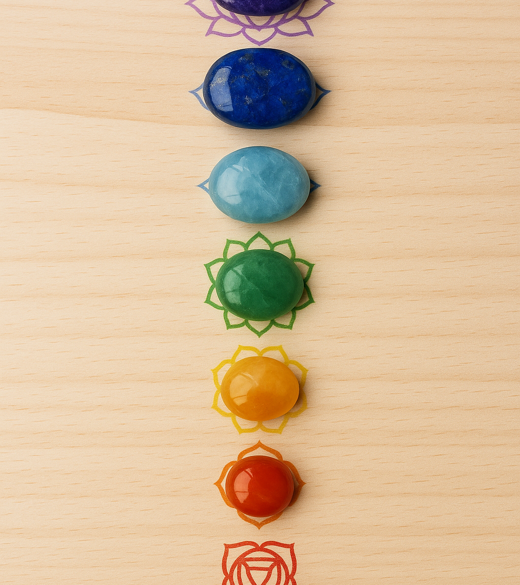 Pierres naturelles alignées selon les chakras – lithothérapie Kryst’al