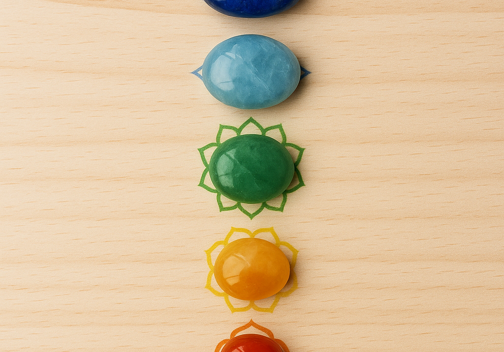 Pierres naturelles alignées selon les chakras – lithothérapie Kryst’al